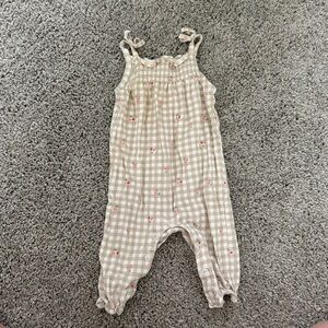 Carter's Beige Gingham Romper with Tiny Pink Cherry Print